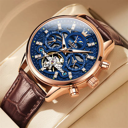 Reloj Automático Hombre  40mm – Tourbillon, Calendario Completo, Fase Lunar, Correa de Cuero, 40-44mm, 3ATM