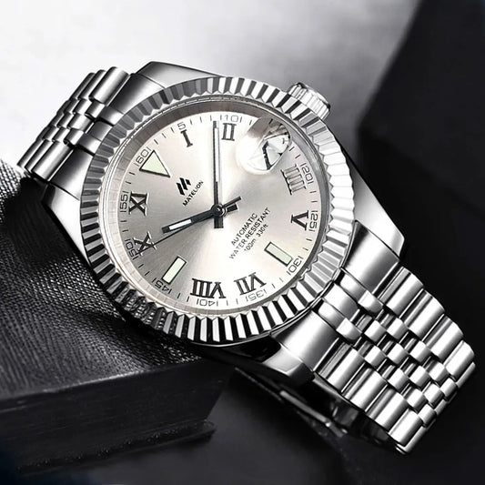 Reloj Automático de Buceo, 36mm/39mm, Esfera Sunburst Plata/Azul/Gris, Números Romanos, NH35A, Cristal Zafiro, 200M ⭐4.7 (165 Opiniones)
