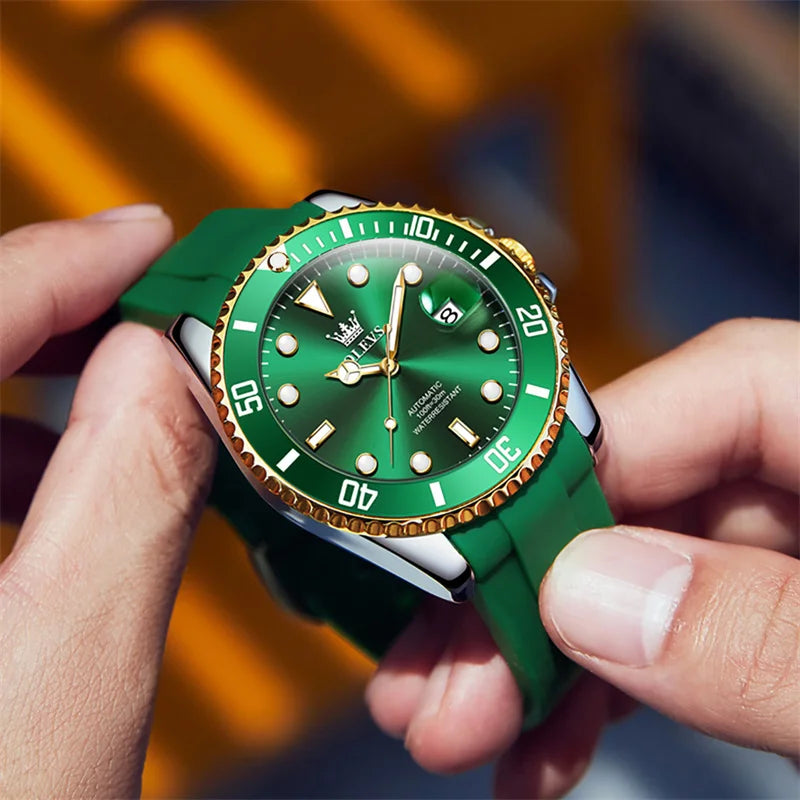 Reloj Automático Hombre 41mm – Mecánico con Correa de Silicona, Calendario Completo, Luminiscente y Resistente al Agua