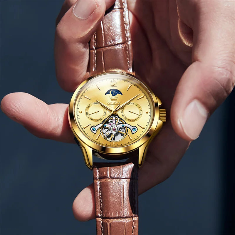 Reloj Automático Hombre 41mm – Mecánico Esqueleto, Tourbillon Decorativo, Correa de Cuero, Fase Lunar, Calendario Completo ⭐4.8 (159 Opiniones)