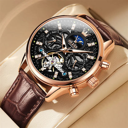 Reloj Automático Hombre  40mm – Tourbillon, Calendario Completo, Fase Lunar, Correa de Cuero, 40-44mm, 3ATM