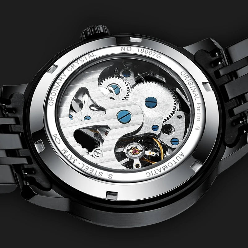 Reloj Automático Hombre – Esqueleto con Tourbillon, Acero Negro, Manecillas Luminiscentes, 40-44mm, 3ATM