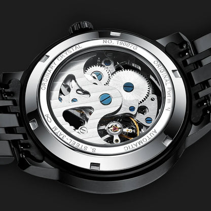 Reloj Automático Hombre – Esqueleto con Tourbillon, Acero Negro, Manecillas Luminiscentes, 40-44mm, 3ATM