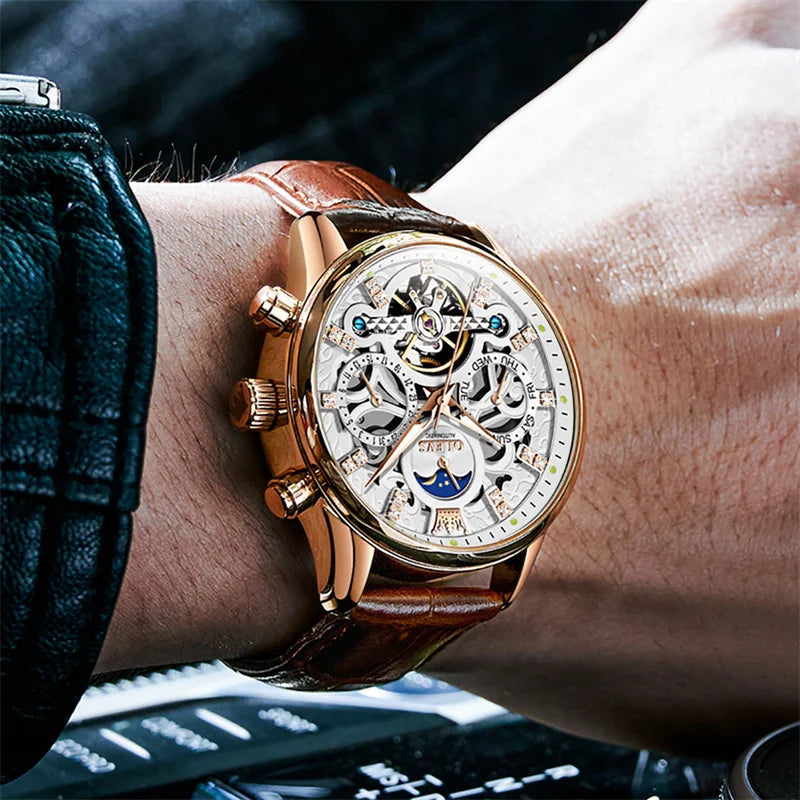 Reloj Automático Hombre  40mm – Tourbillon, Calendario Completo, Fase Lunar, Correa de Cuero, 40-44mm, 3ATM