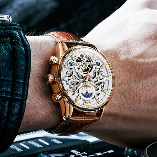 Reloj Automático Hombre  40mm – Tourbillon, Calendario Completo, Fase Lunar, Correa de Cuero, 40-44mm, 3ATM