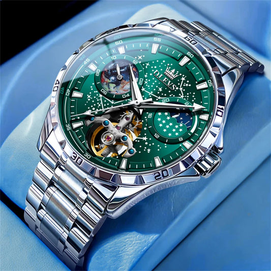 Reloj Automático Hombre 42mm – Esqueleto con Tourbillon, Fase Lunar, Cielo Estrellado, Manecillas Luminiscentes, 40-44mm, Correa de Cuero, 3ATM