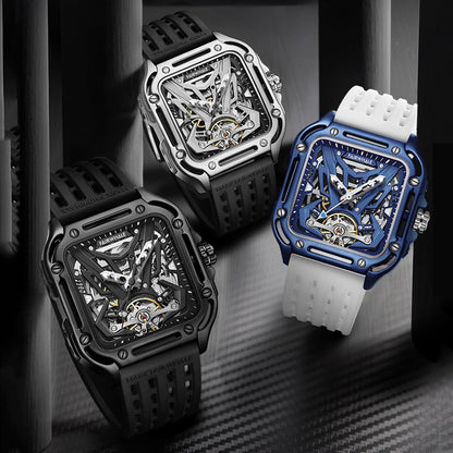 Reloj Automático Hombre 42mm – Esqueleto Mecánico, Tourbillon Decorativo, Caja Cuadrada, Correa de Silicona, Impermeable 3ATM ⭐4.8 (143 Opiniones)