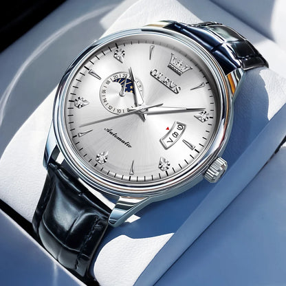 Reloj Automático Hombre 43mm– Mecánico con Correa de Cuero, Calendario Completo, Fases Lunares y Resistente al Agua