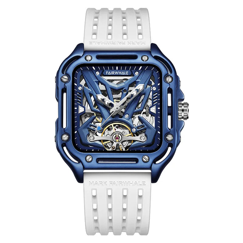 Reloj Automático Hombre 42mm – Esqueleto Mecánico, Tourbillon Decorativo, Caja Cuadrada, Correa de Silicona, Impermeable 3ATM ⭐4.8 (143 Opiniones)