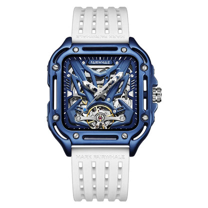Reloj Automático Hombre 42mm – Esqueleto Mecánico, Tourbillon Decorativo, Caja Cuadrada, Correa de Silicona, Impermeable 3ATM ⭐4.8 (143 Opiniones)