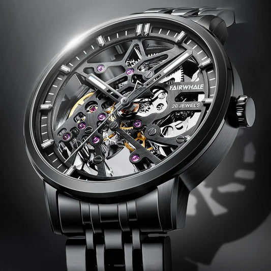 Reloj Automático Hombre – Esqueleto con Tourbillon, Acero Negro, Manecillas Luminiscentes, 40-44mm, 3ATM
