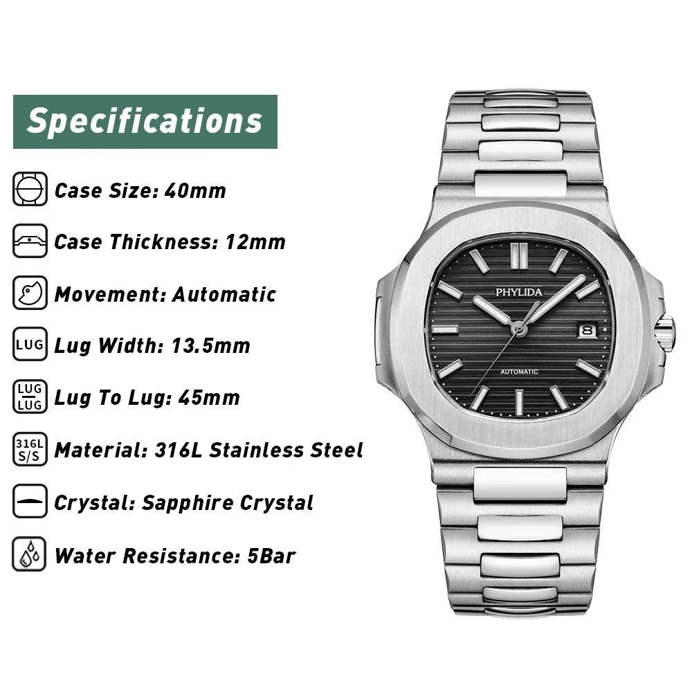 Reloj Automático Mecánico, 40mm, Acero Inoxidable, Cristal Zafiro, Calendario Completo, 5ATM ⭐4.6 (118 Opiniones)