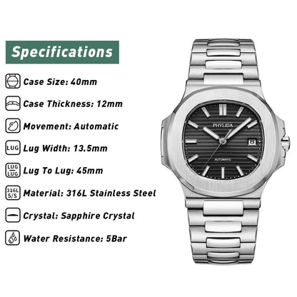 Reloj Automático Mecánico, 40mm, Acero Inoxidable, Cristal Zafiro, Calendario Completo, 5ATM ⭐4.6 (118 Opiniones)