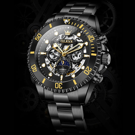 Reloj Automático Hombre 43mm– Esqueleto, Acero Negro, Fase Lunar, Calendario Completo, 40-44mm, 3ATM
