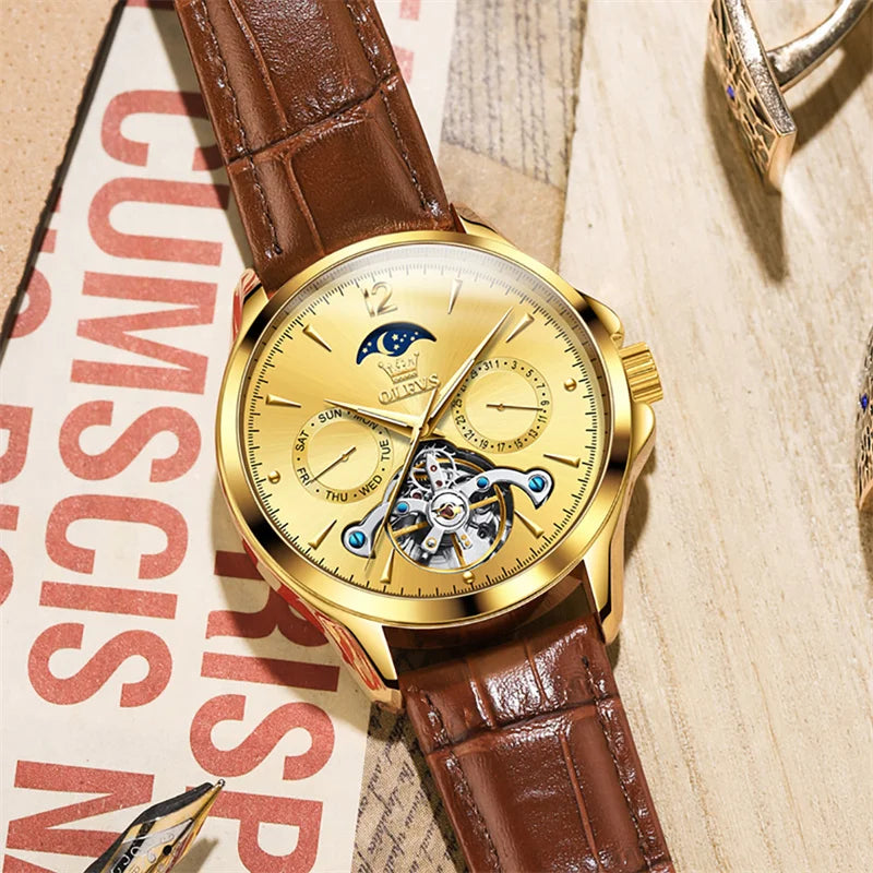 Reloj Automático Hombre 41mm – Mecánico Esqueleto, Tourbillon Decorativo, Correa de Cuero, Fase Lunar, Calendario Completo ⭐4.8 (159 Opiniones)