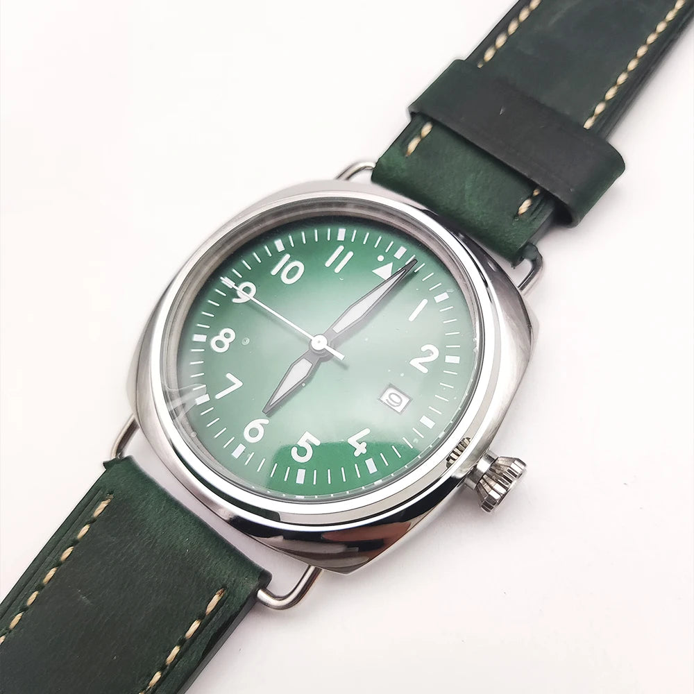 Reloj Automático Retro 45mm NH35 – Correa de Cuero, Esfera Verde Luminosa